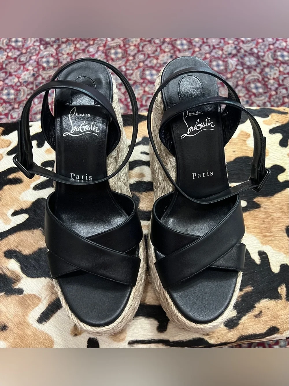 Christian Louboutin Mariza Zeppa Black Leather Espadrille Wedge Sandals 39 NWOT